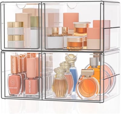 Transparante lade-organizer set van 2 met 4 laden, stapelbaar voor cosmetica en accessoires
