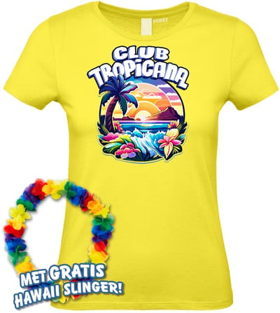 Dames t-shirt Colorful Tropics | Toppers in Concert 2024 | Club Tropicana | Hawaii Shirt | Ibiza Kleding | Lichtgeel Dames | maat XS