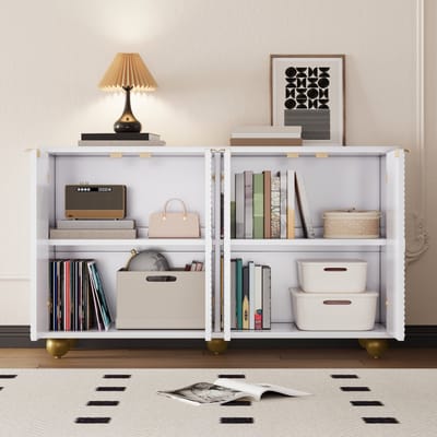 FloraGrace Dressoir - Vier Deuren Met Gegraveerd Patroon En Verstelbare Planken - Voor Woonkamer En Hal - MDF - 120x35x71,5 Cm - Wit