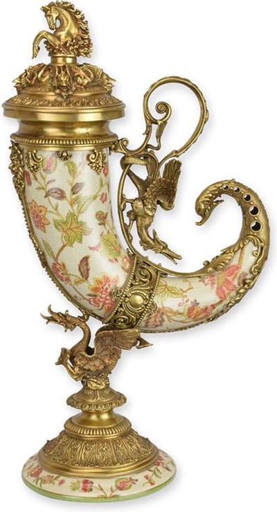 Hoorn - Porselein op bronzen standaard - Hoorn des overvloeds - 52 cm hoog