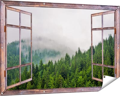 Gards Tuinposter Doorkijk Groen Bos met Bomen tijdens de Mist - 150x100 cm - Tuindoek - Tuindecoratie - Wanddecoratie buiten - Tuinschilderij
