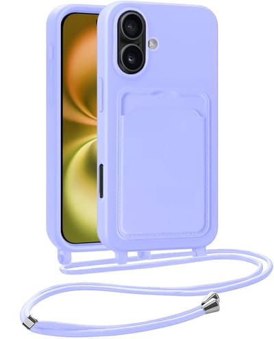 Hoesje Geschikt voor iPhone 16 Plus Telefoonhoesje Met Koord Case Pashouder Siliconen - Hoes Geschikt voor iPhone 16 Plus Hoesje Met Kaarthouder - Lila