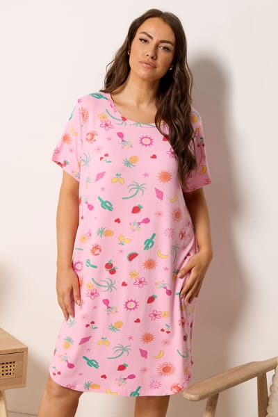 Yours Roze Zomerprint Nachthemd Met Lange Achterkant Size 46-48