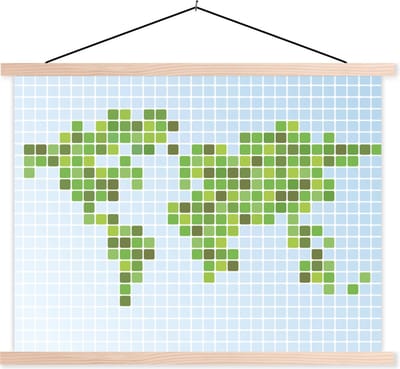 Posterhanger incl. Poster 150x113 cm - Schoolplaat - Moderne wereldkaart met vakjes - Textielposter - Blanke latten