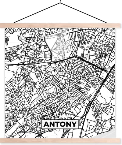 Posterhanger incl. Poster 40x40 cm - Schoolplaat - Plattegrond - Antony - Kaart - Frankrijk - Stadskaart - Zwart wit - Textielposter - Blanke latten - Stadskaart
