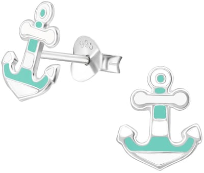 Joy|S - Zilveren anker oorbellen - 7 x 9 mm - wit turquoise / groen / blauw - oorknoppen