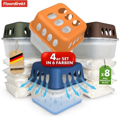 FLOORDIREKT Hava Luchtontvochtiger - Set van 4 - met 8 x 400 g Granulaat Navulzakken - Navulbaar & Herbruikbaar - Zwart