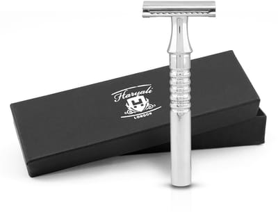 Haryali London Double Edge Safety Razor voor mannen en vrouwen - Roestvrijstalen Double Edge Razor - Ontwerp met bandjes - Herbruikbaar scheermes - Past op alle DE-mesjes