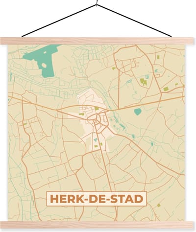 Posterhanger incl. Poster 40x40 cm - Schoolplaat - België - Herk-de-Stad - Kaart - Stadskaart - Plattegrond - Textielposter - Blanke latten - Stadskaart
