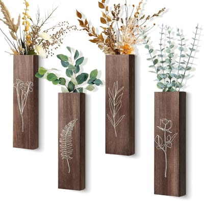 Set van 4 Houten Wandplanten - Moderne Boerderij Stijl Vazen voor Nepplantdecoratie in Woonkamer, Slaapkamer en Badkamer