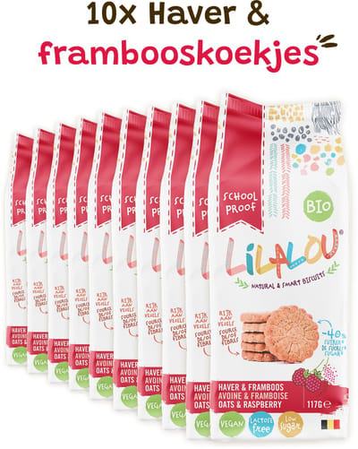 10x LilaLou Biscuits Haver & frambooskoekjes 117g - Bio, vegan, lactose free & less sugars