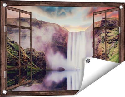 Gards Tuinposter Doorkijk Waterval met een Weerspiegeling in het Water - 60x40 cm - Tuindoek - Tuindecoratie - Wanddecoratie buiten - Tuinschilderij