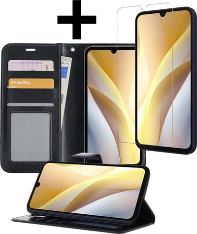 Hoesje - Met Screenprotector - Geschikt voor Samsung Galaxy A15 - Luxe Pasjeshouder - Bookcase Portemonee - Flip Case - Kunstleer Book Case - Flipcase - Book Cover - Walletcase - Portemonneehoes - Telefoonhoesjes - Zwart