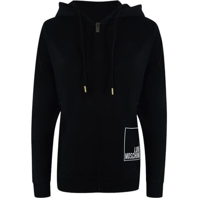 Love Moschino Zwarte Hoodie Met Rits, Maat S, Met Wit Logo In Een Vierkantje