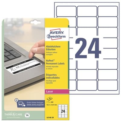 Avery Zweckform etiketten L6146-20, fraudebestendig, extreem robuust, geschikt voor zwart/wit laserprinters, 63,5 x 33,9 mm, 480 stuks/20 A4-vellen, acrylfolie, wit