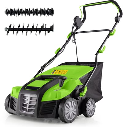 COSTWAY Elektrische verticuteermachine en gazonventilator, 41 cm, 15 A 2-in-1 verticuteermachine met 3 standen hoogteverstelling en 5 niveaus werkdiepte, inklapbare GEH-gazonventilator met 55 l