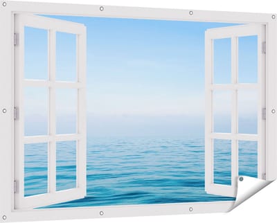 Gards Tuinposter Doorkijk Zee met een Blauw Hemel Achtergrond - 150x100 cm - Tuindoek - Tuindecoratie - Wanddecoratie buiten - Tuinschilderij