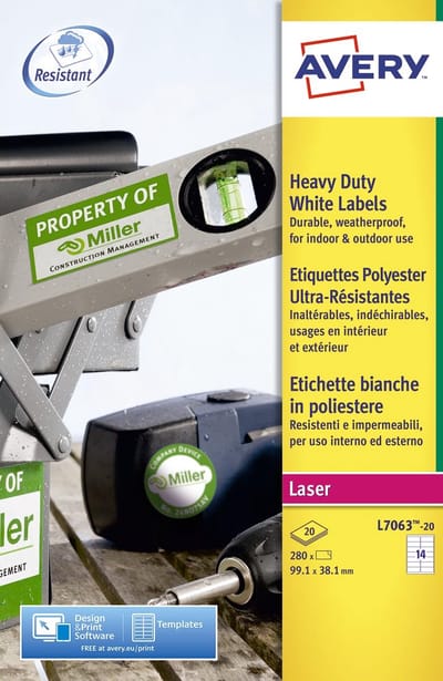 Avery ultra-sterke witte etiketten ft 99,1 x 38,1 mm (b x h), 280 stuks, 14 per blad 5 stuks