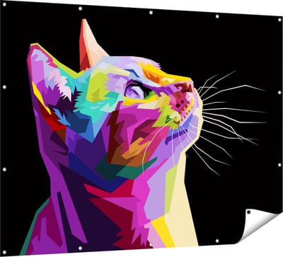 Gards Tuinposter Kleurrijke Kat Kijkt naar Boven - Abstract - 160x120 cm - Tuindoek - Tuindecoratie - Wanddecoratie buiten - Tuinschilderij