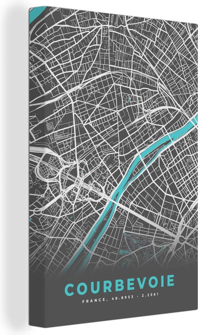 Canvas Schilderij Courbevoie – Plattegrond – Frankrijk – Kaart – Stadskaart - 20x30 cm - Wanddecoratie