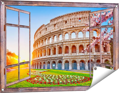 Gards Tuinposter Doorkijk Colosseum bij Zonsopgang in Rome, Italië - 90x60 cm - Tuindoek - Tuindecoratie - Wanddecoratie buiten - Tuinschilderij