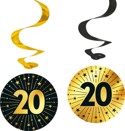4x Swirls 20 jaar zwart / goud - Golden Celebrations - Verjaardag Feestje Hangdecoratie Versiering Feestdecoratie Decoratie