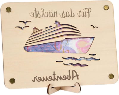 Houten Geldcadeau met Scheepsontwerp en Stand - Uniek Reisgeschenk voor Cruises, Bruiloften en Verjaardagen (20 x 15 cm) - Creatief Cadeau voor Mannen en Vrouwen, Houtkleur, 20x15cm