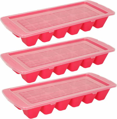 Plasticforte IJsblokjesvormen - roze - 3x stuks - met afsluitdeksel - 28 x 11 cm - ijsklontjes bakje - kunststof