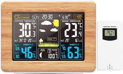 Kleurrijk digitaal draadloos weerstation met buitensensor – binnen- en buitenthermometer met tijd, datum, temperatuur, vochtigheid, barometer, alarm, maanfaseweergave, klok.L