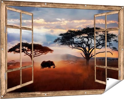 Gards Tuinposter Doorkijk Olifant in het Wild - Savanne - 150x100 cm - Tuindoek - Tuindecoratie - Wanddecoratie buiten - Tuinschilderij