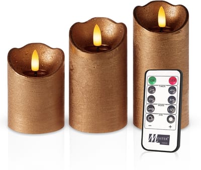 Meisterhome – 3 x Led Stompkaars Rustiek - Koperkleurig – Stompkaars Echte wax – Led kaarsen - 10 / 12.5 / 15 cm Hoog - Met afstandsbediening – Timer 2/4/6/8 uur - Dimbaar