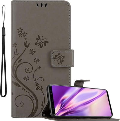 Cadorabo Hoesje geschikt voor Samsung Galaxy S9 PLUS in BLOEMEN GRIJS - Beschermhoes in bloemmotief met magnetische sluiting, standfunctie en kaartsleuven Book Case Cover Etui