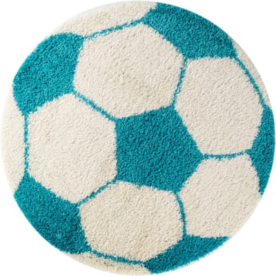 Fun Voetbal Kinderkamer Rond Vloerkleed Hoogpolig Turquoise Wit- 120 CM Ø