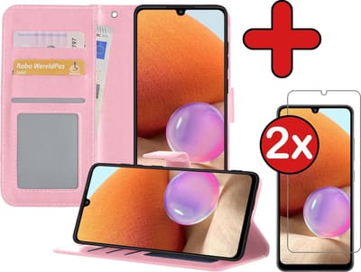 Hoesje - Met 2x Screenprotector - Geschikt voor Samsung Galaxy A32 5G - Luxe Pasjeshouder - Flip Case - Bookcase Portemonee - Kunstleer Book Case - Flipcase Hoes - Book Cover - Walletcase - Portemonneehoes - Telefoonhoes - Lichtroze