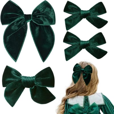 Set van 4 Donkergroene Fluwelen Haarstrikken met Krokodillenclips voor Meisjes, Handgemaakt Haaraccessoires voor School en Feestjes