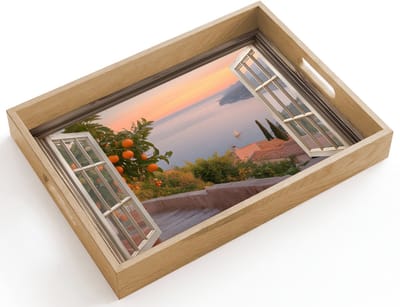 Dienblad hout 40x30 cm - Schootdienblad - Doorkijk - Uitzicht - Meer - Landschap - Borrelplank rechthoek - Plateau dienbladen