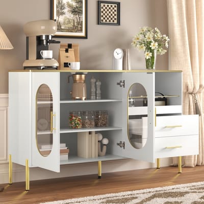 STILVORA Dressoir - Modern Wit Design Met 2 Lades En 2 Glazen Deuren - Met Kabeldoorvoeren Voor Minibar - MDF - 140x38x90 cm - Wit