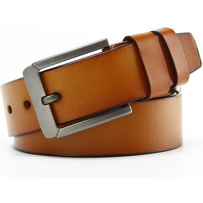 Ceinture en cuir véritable à deux couches style rétro pour homme Boucle ardillon tendance Ceinture de pantalon polyvalente style coréen pour homme Cuir de vachette jaune 110-130cm brown