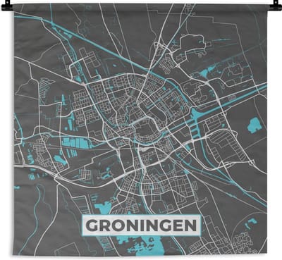 Wandkleed - Wanddoek - Stadskaart - Groningen - Grijs - Blauw - 180x180 cm - Wandtapijt - Plattegrond