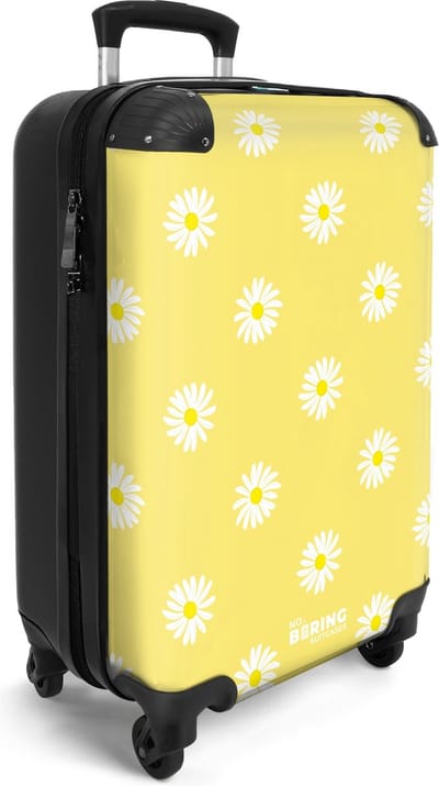 NoBoringSuitcases.com® - Handbagage koffer lichtgewicht - Reiskoffer trolley - Pastel gele rolkoffer op wieltjes met madeliefjes - Travel luggage suitcase - Vakantie valiezen volwassenen - Past binnen 55x40x20 en 55x35x25