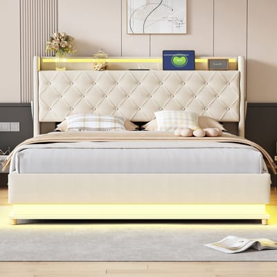 DESMIU Gestoffeerd Bed 160x200cm – Led Bed Met Usb Oplaadfunctie – Hydraulische Opbergruimte Onder Bed – Voor Slaapkamer – Linnenlook – Beige – Zonder Matras