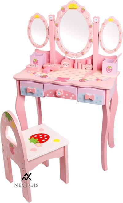 Nevolis Kids Vanity Table Set with Stool & Mirror for Girls Makeup Vanity Table Set Wooden Drawer for 345678 Year Old Child Girl - Pink .