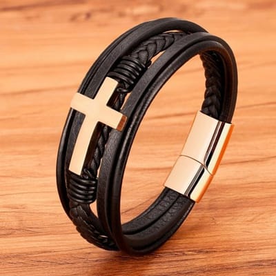 Luxe Kleurrijk Kruisontwerp Klassiek Roestvrij Staal Heren Leren Armband 19 /21 /23 Cm Kies Mooie Kerstcadeaus voor Mannen 23cm beige