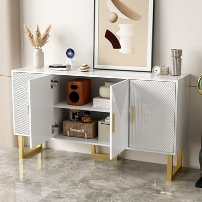 DESMIU Dressoir - Hoogglans Deuren Met Verstelbare Planken - 4 Deuren Voor Woonkamer En Eetkamer - MDF En Spaanplaat - 150x40x82 Cm - Wit