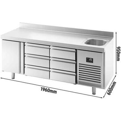 GGM Gastro Kühltisch Premium PLUS - 1960x600mm - mit 1 Becken, 1 Tür, 6 Schubladen - Aufkantung