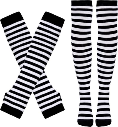 Gestreepte Kniekousen en Lange Gebreide Handschoenen Set voor Feestkostuum en Verkleedpartijen