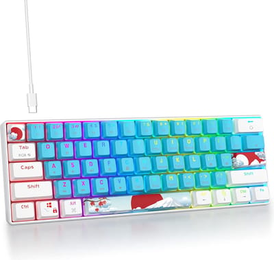 StayPowered Mechanische Gaming Toetsenbord - Compact en Krachtig voor Topprestaties - 61 Toetsen - RGB Achtergrondverlichting - Lineaire Rode Schakelaars - PBT Keycaps - USB-C Verbinding - Lichtblauw/Wit - Levering Sneller dan Aangegeven!