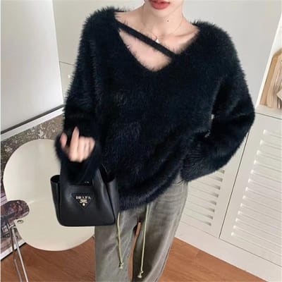 Grote Hangende Nek Imitatie Nerts Bont Trui voor Dames In de Winter Los en Dik Nerts Bont Middel tot Lang Gebreide Basis Trui One Size