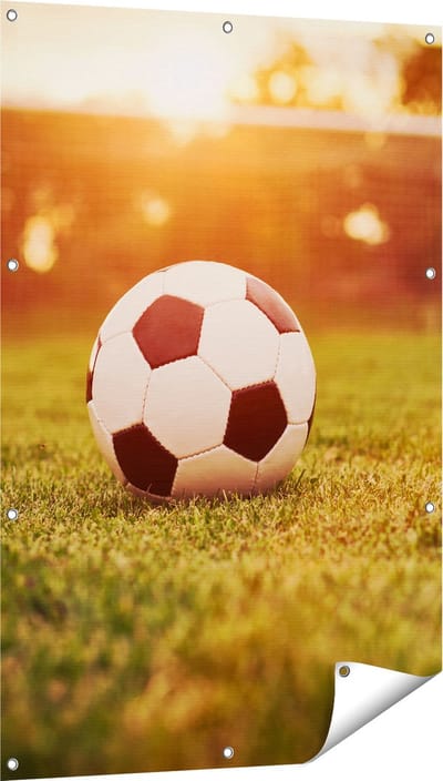 Gards Tuinposter Voetbal met Goal tijdens Zonsondergang - 80x120 cm - Tuindoek - Tuindecoratie - Wanddecoratie buiten - Tuinschilderij