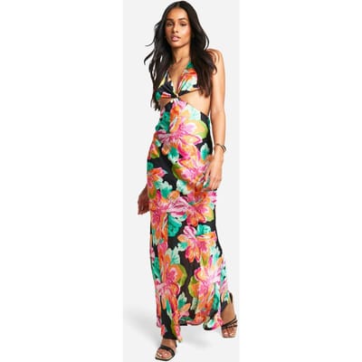 boohoo Dames Lange Chiffon Jacquard Maxi Jurk met Bloemenprint en Uitsnede | Zwart | Maat: 42